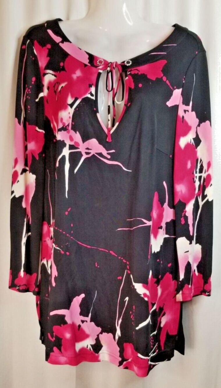 ESCADA Women's Blouse Rhinestone Neckline Black Pink Neiman Marcus Size 38